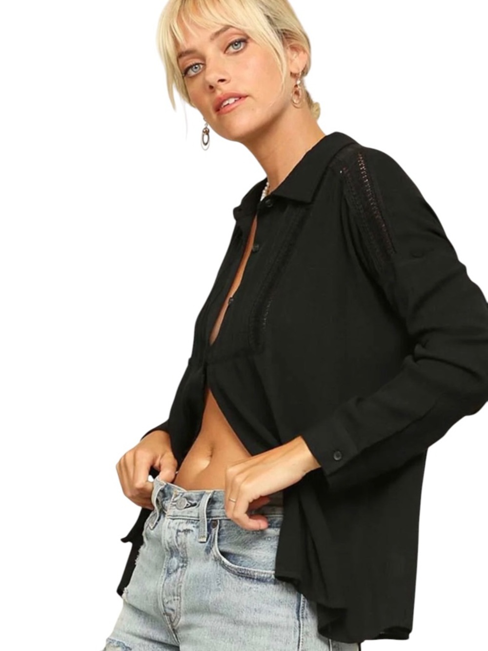 NEW Kyemi Black Lightweight Open Lace Crochet Inset Boho Breeze Button Up Shirt - Picture 6 of 6